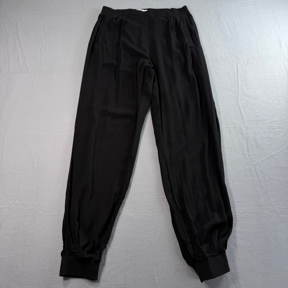 Black Jogger Pants Women Medium Elastic Waist Ribbed Cuffs Minimalist Date Night - Picture 2 of 8
